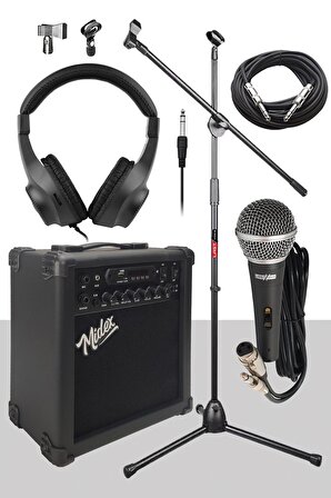 Midex MGA-25BK-PAK Elektro Gitar Amfisi 25 Watt USB Bluetooth ve Şarjlı (Amfi Mikrofon Stand Kulaklık Jack Kablo)